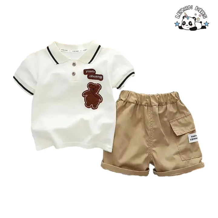 LEZONKIDS - Customizable Wholesale New Products Cute Bear Letter Patches 2pcs Summer Cotton Kids Clothing Boys Sets